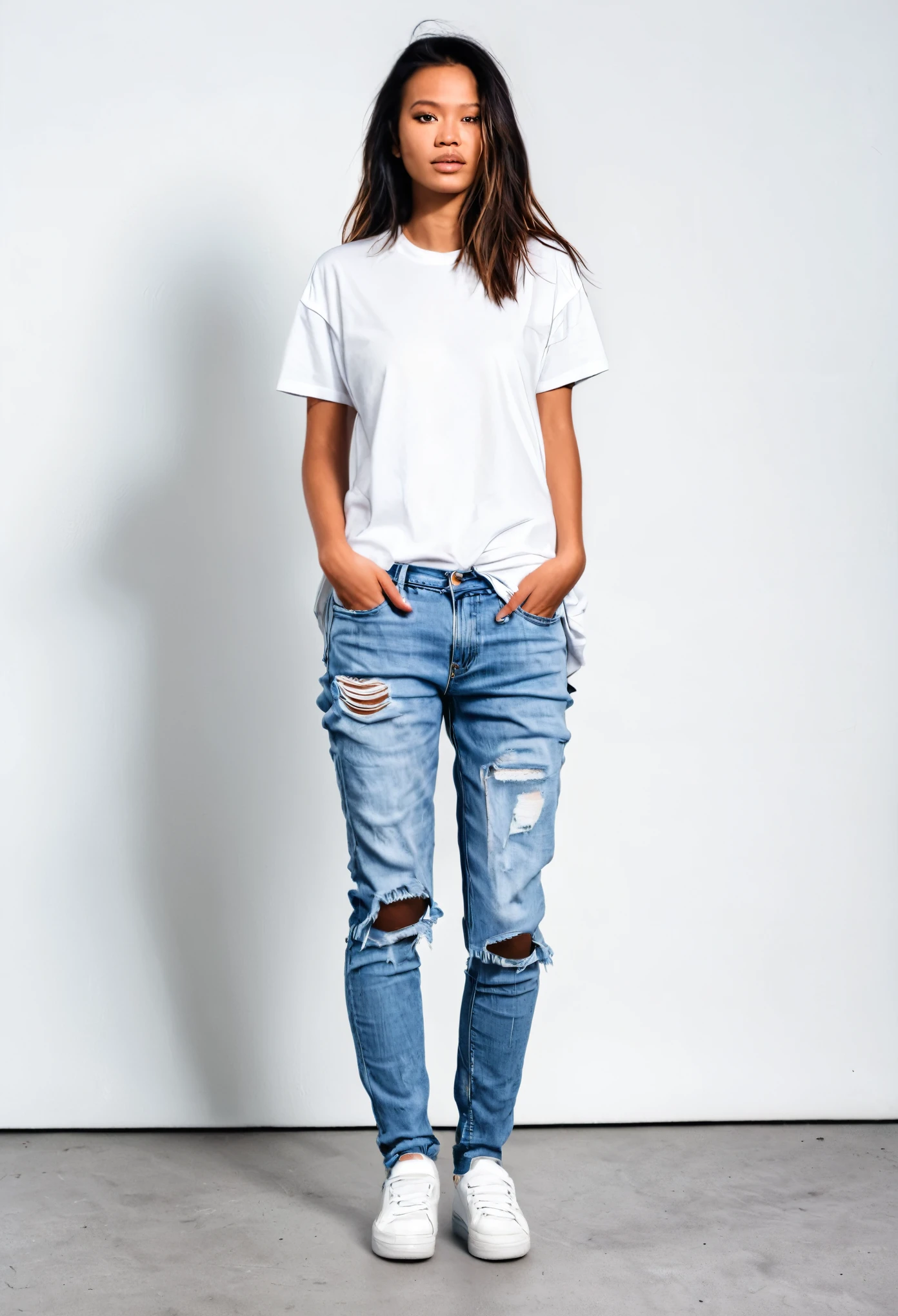 full-length photorealistic portrait of Nata Lee in a white t-shirt, and ripped denim jeans