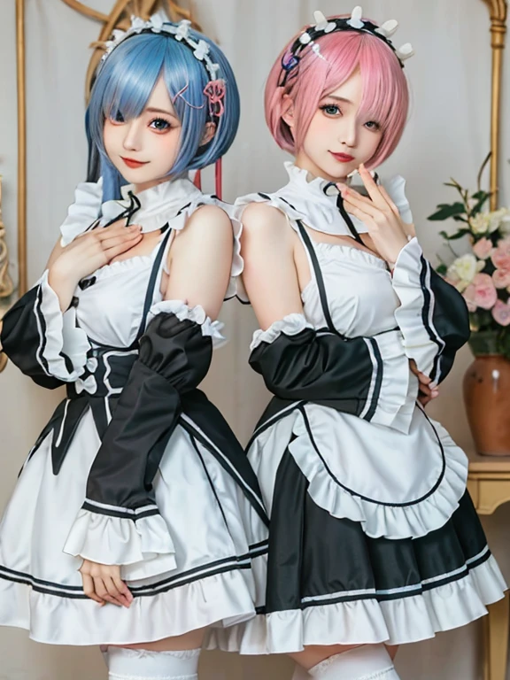 (8K, Photorealistic, Raw photo, of the highest quality: 1.3), (1girl in), Super beautiful, (Realistic face), (boyish, pink Color Berry Shorthair), Beautiful , Glare that captivates the viewer, Beautiful expression, Beautiful breasts, (Realistic skin), Be...Create a detailed and colorful image of Ram and Rem from Re:Zero, standing back-to-back in their maid outfits, with a magical fantasy background、14years old, two girls,cute, perfect face, beautiful, nice body, gothic lolita clothes, gothic lolita fashion, frilly skirt, headdress, necklace, bracelet, knee-high socks, boots, double eyelids, tear bags, Detailed down to the fingers, photo-like description, indoors, dim indoor lighting, one girl is pink hair and short bob, another girl is light blue hair and short bob,standing,whole body, composition that shows the whole body, smiling,The Both of them are wearing the same type of maid outfit,Optimal ratio of 4 fingers and 1 thumb,arms crossed