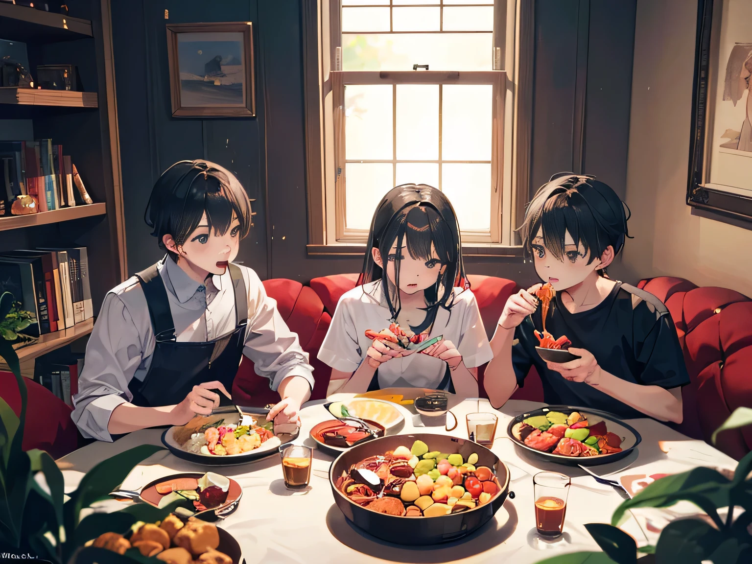 The family was eating,Two boys and one is the mother,Two young sons