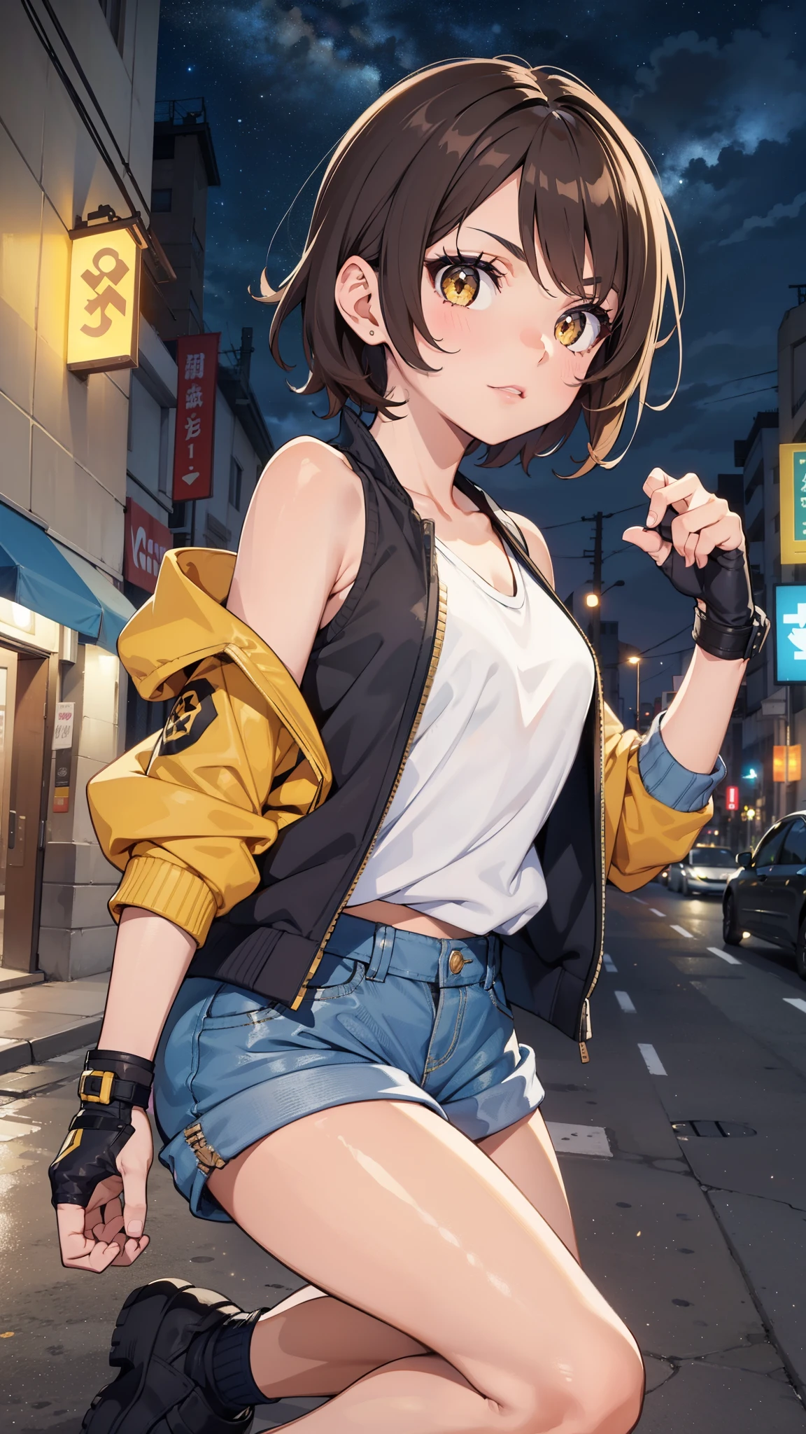 street dancer, short hair, brown hair, yellow glowing eyes, perfect lips, cute expression, cute face, cute pose, fingerless gloves, gun, tank top, jacket, cute pose, ultra detailed face, long eyelashes, sharp eyes , Fullbody shot, dinamic viewer, night sky, variuos adornment
