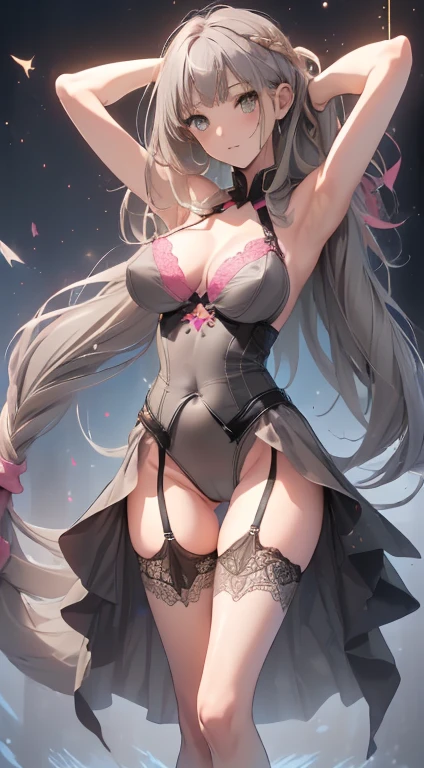 最high quality、Best image quality、masterpiece、With a girl((18-year-old、Best Bust、Large bast、Beautiful golden eyes、Spread your chest wide,(Grey long hair:1.8)、Slender body、Slender body、Big Valley、,Show the whole body、Open your arms、Pink ring on your wrist、手からlightningを放つ))high quality、Beautiful art、background((Night Sky、Black Cloud、lightning、violent thunder、Lightning strikes、Red Thunder、青いLightning strikes、Gold Thunder)))Tabletop、Visual Arts、Depth of written boundary、Night Sky(showoff breasts:1.8).(showoff nipple:1.8).(huge breasts:1.8)(Squat:1.5)、(open legs:1.5).(showoff pink lace.panty:1.6).(slim legs:1.9).(bralift:1.8)