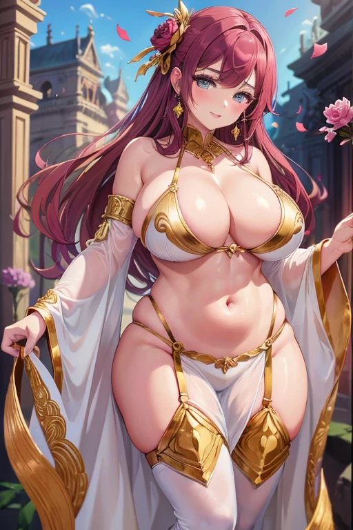 Big Breastsの女性, Blonde, colored feather, metal ornaments, colored Flowers, particle, Light, (masterpiece, 最high quality, 最high quality, Official Art, Beautiful and aesthetic:1.2), (1 girl:1.3), Very detailed,(Fractal Art:1.1),(colorful:1.1)(Flowers:1.3),Most detailed,(Dynamic pose), (Abstract background:1.3), (Shiny skin), (Many colors :1.4), ,(Earrings:1.4), (feather:1.4),masterpiece, 最high quality, 30~40 years, Full Body Shot, Mature Woman, 美しい Mature Woman,Captivating smile, Thick lips, Plumpとした唇, blush, Looking at the audience, Provocative expression, Cleavage, Plump、Curvy Hips、Attractive face、Mischievous face、An inviting gaze、Expressing emotions,Standing position、Gorgeous accessories and various hairstyles，Gold headband，Ample breasts，Uneven buttocks，Greek clothing，Tulle covers the chest，Perfect balance, Detailed clothing details,Temple，marble，Statue of God，cinematic Lighting, Film Grain, contrast of Light and dark, 8k, masterpiece, Very detailed, Attention to detail, high quality, High resolution, masterpiece, 最high quality, Very detailed, Big Breasts, Are standing, Cowboy Shot, Looking at the audience, Outdoor, blush, 1 girl, (masterpiece:1.3), (High resolution), (8k), (Very detailed), Perfect Face, Beautiful eyes and face, (((最high quality))), (Very detailed), Detailed face and eyes, (alone), High resolution、Beautiful eyes,(((Sexy pose)))、(((Full body depiction)))