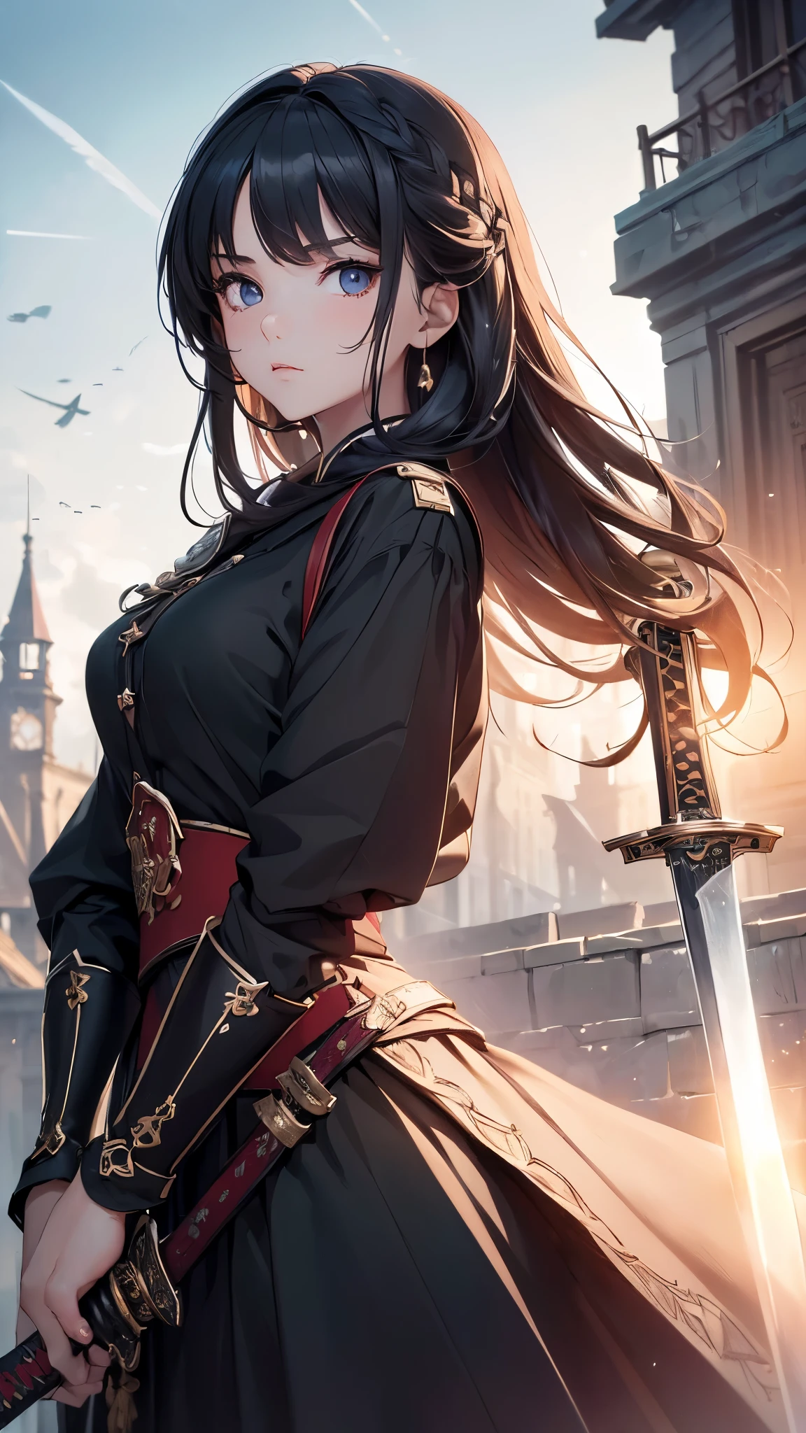 (((masterpiece))),(((High resolution)))、(((8K)))、(((perfect face)))、(((girl having a sword)))、25 years old, look at the camera, ((top quality eyes)), (top quality face), detailed texture