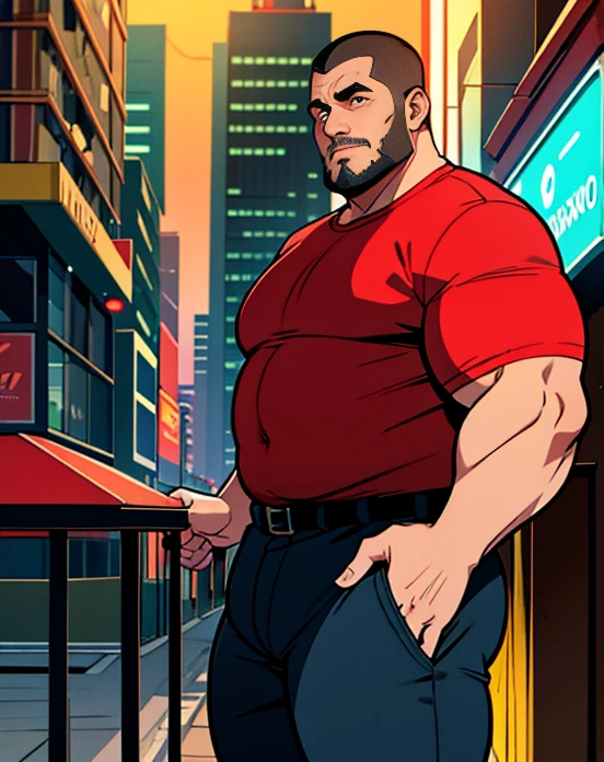 1 chubby man with extremely thick thighs , Careca, obeso, homem de meia idade, camisa branca aberta mostrando a barriga e peitoral usando apenas sunga vermelha e meias, parado na rua, looking at the sky, noite em uma cidade cyberpunk , dim street lamp, talking to the viewer gesturing with his hands, dialogando, discutindo. He&#39;s calling the viewer, he is delivering something, he is gesturing for you to come closer to him. Gargalhando, zangado, triste, muito feliz, deprimido. Varied color hair.