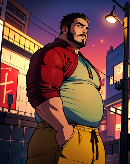 1 chubby man with extremely thick thighs , Careca, obeso, homem de meia idade, camisa branca aberta mostrando a barriga e peitoral usando apenas sunga vermelha e meias, parado na rua, looking at the sky, noite em uma cidade cyberpunk , dim street lamp, talking to the viewer gesturing with his hands, dialogando, discutindo. He's calling the viewer, he is delivering something, he is gesturing for you to come closer to him. Gargalhando, zangado, triste, muito feliz, deprimido. Varied color hair.