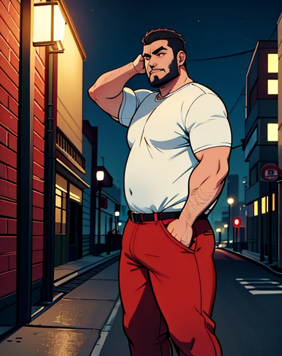 1 chubby man with extremely thick thighs , Careca, obeso, homem de meia idade, camisa branca aberta mostrando a barriga e peitoral usando apenas sunga vermelha e meias, parado na rua, looking at the sky, noite em uma cidade cyberpunk , dim street lamp, talking to the viewer gesturing with his hands, dialogando, discutindo. He&#39;s calling the viewer, he is delivering something, he is gesturing for you to come closer to him. Gargalhando, zangado, triste, muito feliz, deprimido. Varied color hair.