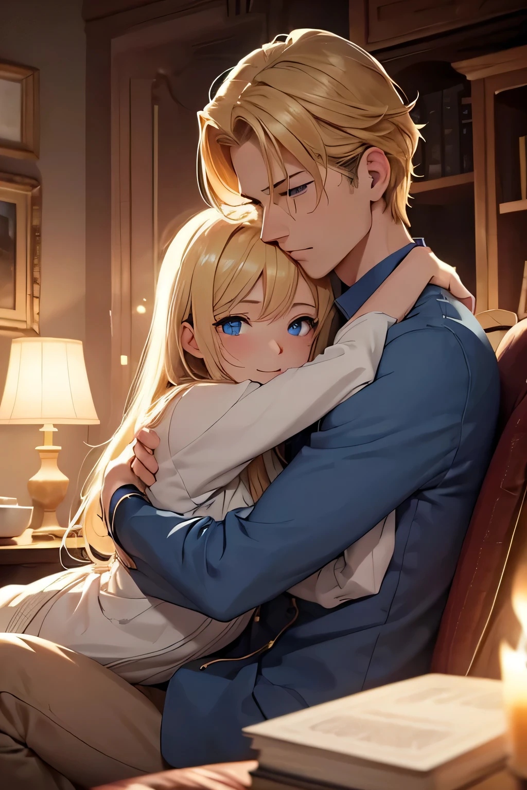 1 woman reads a book, a man hugs and kisses her, blonde hair, blue eyes (best quality, 8K), high detail, HD, amazing quality, homey, romantic atmosphere, soft lighting, smiling faces, romantic mood, cozy atmosphere, magical atmosphere, love, romantic day at home, game shadows, three-dimensional light, love and affection, pleasant gestures, home clothes, sincere emotions, tenderness of the moment, dreamy atmosphere