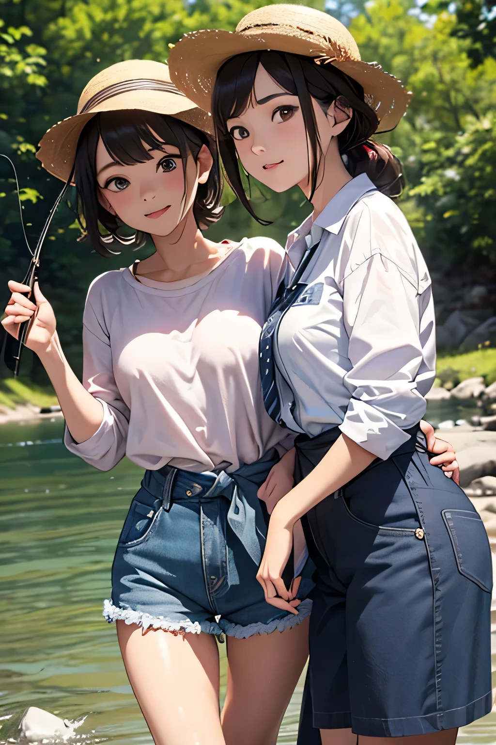 highest quality、High resolution、Detailed Background、(Beautiful face in every detail:1.4)、Anatomically correct、(Draw the usual number of fingers:1.2)、(Detailed facial expressions)、(Detailed eyes:1.2)、(Detailed eyes:1.2)、Beautiful, smooth skin、Teenage beauty、(Three Women)、(Highly detailed face:1.4)、Cute color hair color、Braided Ponytail、Braided Bob、Cute hairstyle、well-groomed eyebrowinimally revealing clothing:1.2)、In a joking manner、A happy look、Excited、
(Two beautiful girls enjoying fishing in the river:1.5)、
This is a fishing experience held in rivers etc.、Participants can use a fishing rod to catch fish and enjoy fishing while relaxing in nature.、
Basic fishing equipment is required for fishing experience.、fishing rod、reel、fishing line、Needle、Prepare lures and bait、Fishing is a sport that requires skill。casting（The act of casting a thread）How to wind the reel and use bait, etc.、

Pair it with shorts that allow you to move around comfortably and a cool tunic.、
It is a good idea to choose shorts made of a material that will not be a problem if they get wet.、
We recommend tunics with cute patterns such as floral or polka dot patterns.、
Pair a light-hearted dress with comfortable sandals.、
Choosing a dress with a summery design such as a floral or striped pattern will make you look even cuter.、
Pair a relaxed, oversized shirt with denim shorts、Tie the shirt around your waist for a sophisticated look.、
Pair a straw hat or cap with cool wide pants.、
Wide pants are comfortable to wear if you choose soft and light materials.、
When fishing in the river, you will need insect repellent, so wear a long-sleeved shirt or a light jacket.