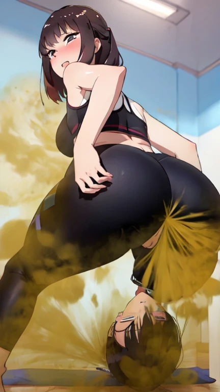 Asian girls farting in front of friends, desperate to poop, in gym, farting while doing yoga, bending over, turns to look back, wearing yoga pants and exercise clothes, malaysian chinese girl, tomboy, stomach bloated, hands covering butt, pained expression, shocked and embarrassed, mouth open in shock, blushing, beautiful and cute face, anime art style, fit body, tall and thin, view from side, diarrhea