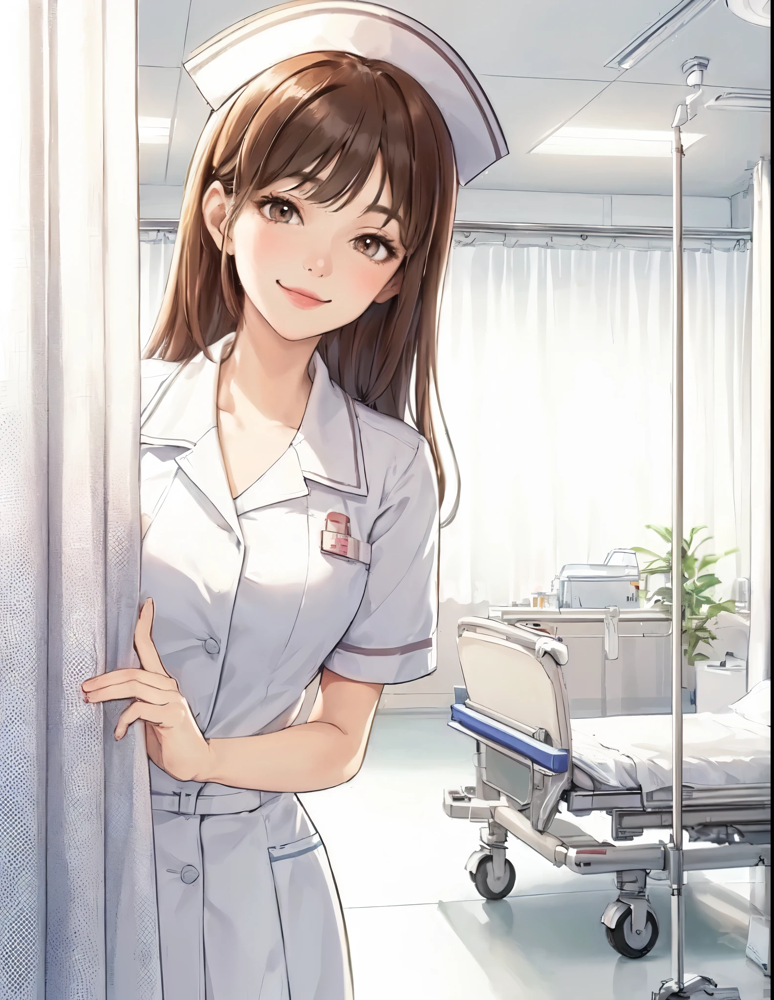 1lady solo, (looking down), (from below), (peeking out from behind partition curtain), healthcare worker, (nurse uniform), mature female, /(brown hair/) bangs, kind smile, (masterpiece best quality:1.2) delicate illustration ultra-detailed, large breasts BREAK (hospital room) indoors, (bright white ceiling:1.2), (perspective from bed:1.2), detailed background