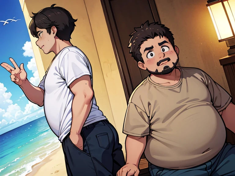 1 chubby man with extremely thick thighs , Careca, obeso, homem de meia idade, camisa branca aberta mostrando a barriga e peitoral usando apenas sunga vermelha e meias, parado na rua, looking at the sky, noite, luz do sol brilhante, Paradisiacal beach setting, talking to the viewer gesturing with his hands, dialogando, discutindo. He&#39;s calling the viewer, he is delivering something, he is gesturing for you to come closer to him.
