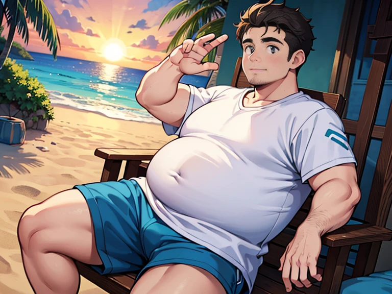 1 chubby man with extremely thick thighs , Careca, obeso, homem de meia idade, camisa branca aberta mostrando a barriga e peitoral usando apenas sunga vermelha e meias, parado na rua, looking at the sky, noite, luz do sol brilhante, Paradisiacal beach setting, talking to the viewer gesturing with his hands, dialogando, discutindo. He's calling the viewer, he is delivering something, he is gesturing for you to come closer to him.