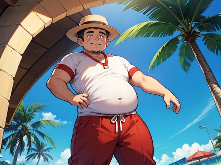 Homem muito gordo com seu namorado muito grande, homossexual, barbudo, bronzeado, Ambos sorrindo, barriga enorme, big legs and arms. At the beach sbronzeadoding under a canopy, camisas estilo havaiano, straw hat, copos ele veste uma roupa de panda.doesn&#39;t wear clothes just red swim trunks. Masculino
