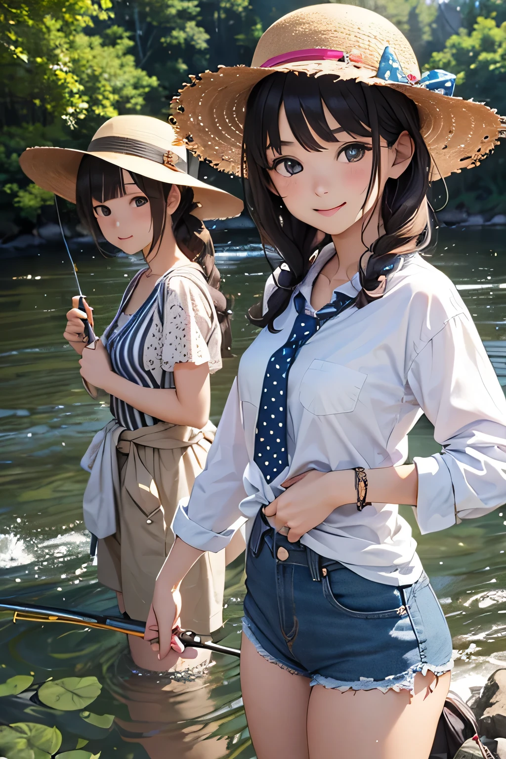 highest quality、High resolution、Detailed Background、(Beautiful face in every detail:1.4)、Anatomically correct、(Draw the usual number of fingers:1.2)、(Detailed facial expressions)、(Detailed eyes:1.2)、(Detailed eyes:1.2)、Beautiful, smooth skin、Teenage beauty、(Three Women)、(Highly detailed face:1.4)、Cute color hair color、Braided Ponytail、Braided Bob、Cute hairstyle、well-groomed eyebrowinimally revealing clothing:1.2)、In a joking manner、A happy look、Excited、
(Two beautiful girls enjoying fishing in the river:1.5)、
This is a fishing experience held in rivers etc.、Participants can use a fishing rod to catch fish and enjoy fishing while relaxing in nature.、
Basic fishing equipment is required for fishing experience.、fishing rod、reel、fishing line、Needle、Prepare lures and bait、Fishing is a sport that requires skill。casting（The act of casting a thread）How to wind the reel and use bait, etc.、

Pair it with shorts that allow you to move around comfortably and a cool tunic.、
It is a good idea to choose shorts made of a material that will not be a problem if they get wet.、
We recommend tunics with cute patterns such as floral or polka dot patterns.、
Pair a light-hearted dress with comfortable sandals.、
Choosing a dress with a summery design such as a floral or striped pattern will make you look even cuter.、
Pair a relaxed, oversized shirt with denim shorts、Tie the shirt around your waist for a sophisticated look.、
Pair a straw hat or cap with cool wide pants.、
Wide pants are comfortable to wear if you choose soft and light materials.、
When fishing in the river, you will need insect repellent, so wear a long-sleeved shirt or a light jacket.