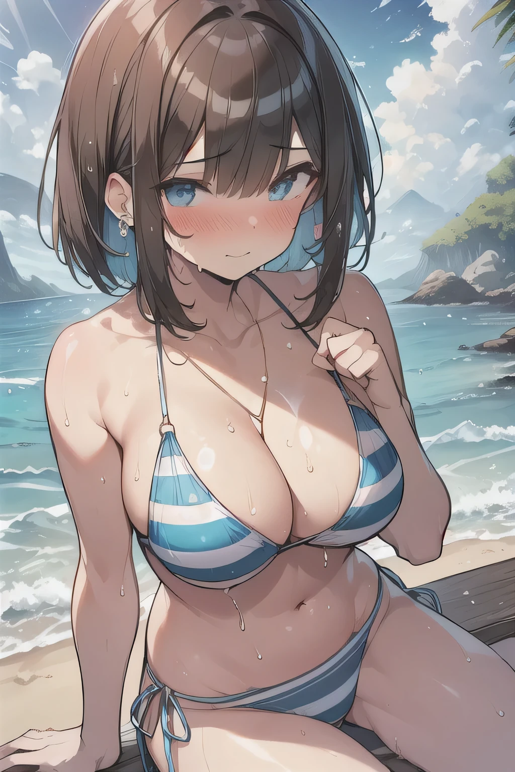 (best quality), (Super detailed), (Best Illustration), (masterpiece), (8k), (woman), (sitting:1.2), {(triangle bikini:1.2), (striped bikini:1.2)}, (large breasts), (breast cleavage), (underboob), {(detailed eyes), blue eyes}, {brown hair, (sideburns), (bob cut:1.3), curly hair, hairs between eyes, colored inner hair}, nose blush, earring, (wet), (sweat), (beach:1.2),