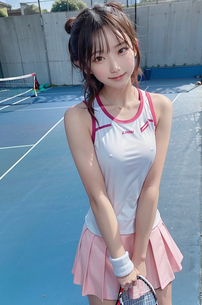 ((Best quality, 8k, Masterpiece :1.3)), (pretty woman, 1girl), （girl, 21 years old), Smiling face, Brown Hair,  Pink ribbon,Cute face, (((Outdoor, Tennis court))）, ((Sleeveless tennis uniform)))、Posing with one racket、One thumb and four other fingers