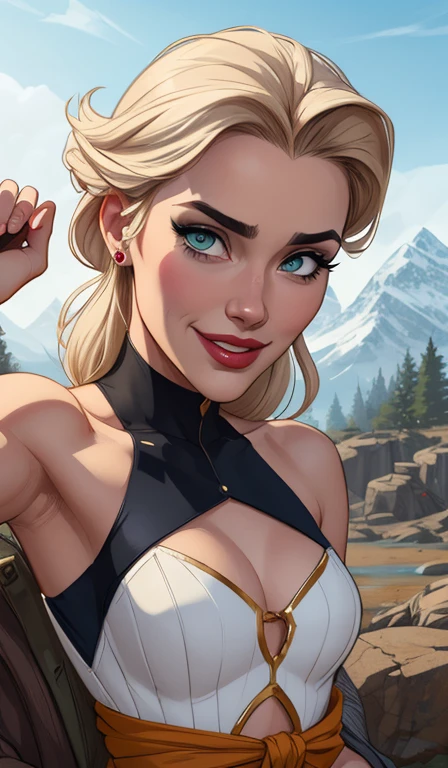 Personagem mulher estilo atompunk Fiona rainha Anna de Arendelle com marcas de guerras Imagem de desenho animado de uma mulher .Ilustra??o estilo desenho animado, estilo de arte dos desenhos animados, estilo de arte dos desenhos animados, digital illustration style, estilo atompunk design de personagens altamente detalhado, arte digital detalhada coragem, Forest fan art, Design de personagens de retrato, beautiful digital illustration, retrato de alta qualidade, Arte em quadrinhos, mulher jovem cabelo com transas lindas . Queen Anna of ArendelleBeautiful lined eyes Medium large bust and wonderful sexy clothes. image expression of sexual desire from waist to head illustration Queen Anne of Arendelle atompunk style Fallout 4 style pose playboy magazine sensual witch Character cartoon style facial expression happy beautiful smile and six medium small portrait mode waist up with lots of gold around her other stones precious portrait mode waist up queen of the south Jennifer Connelly GTA scenery dominatrix gold coins chest with jewelry with her boyfriend, um homem com barba preta, armado com um estilo militar,