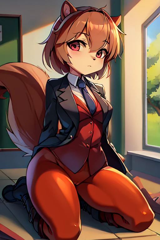 girl, squirrel, furry, bodyfur, blazer, bottomless, color tights, gloves, boots, kneeling, school