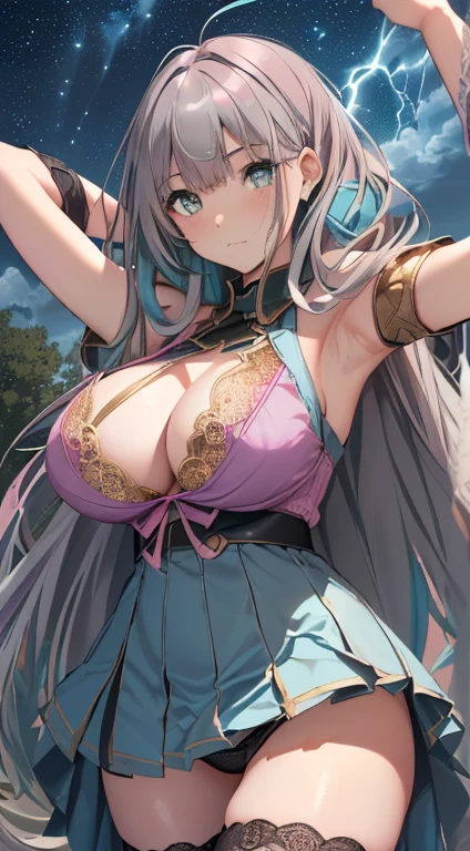 最high quality、Best image quality、masterpiece、With a girl((18-year-old、Best Bust、Large bast、Beautiful golden eyes、Spread your chest wide,(Long hair with grey and blue tips:1.8)、Slender、Big Valley、,Show the whole body、Open your arms、Pink ring on your wrist、手からlightningを放つ))high quality、Beautiful art、background((Night Sky、Black Cloud、lightning、violent thunder、Lightning strikes、Red Thunder、青いLightning strikes、Gold Thunder)))Tabletop、Visual Arts、Depth of written boundary、Night Sky(Squat:1.5)、(open legs:1.5).(showoff pink lace.panty:1.6).(slim legs:1.5)、(huge breasts:1.9)