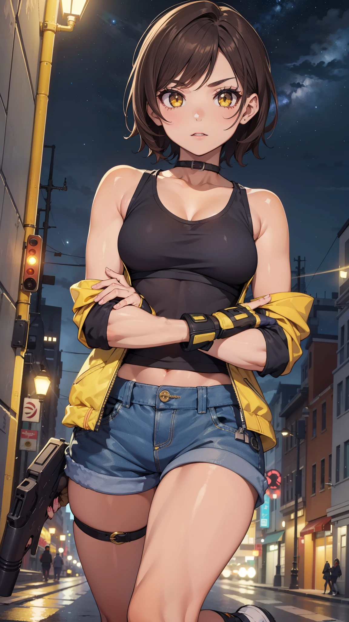 street dancer,  short hair, brown hair, yellow glowing eyes, perfect lips,  cute expression, cute face, cute pose, fingerless gloves, gun, tank top, jacket, cute pose, ultra detailed face, long eyelashes, sharp eyes , Fullbody shot, dinamic viewer, night sky, variuos adornment, Rocker girl 