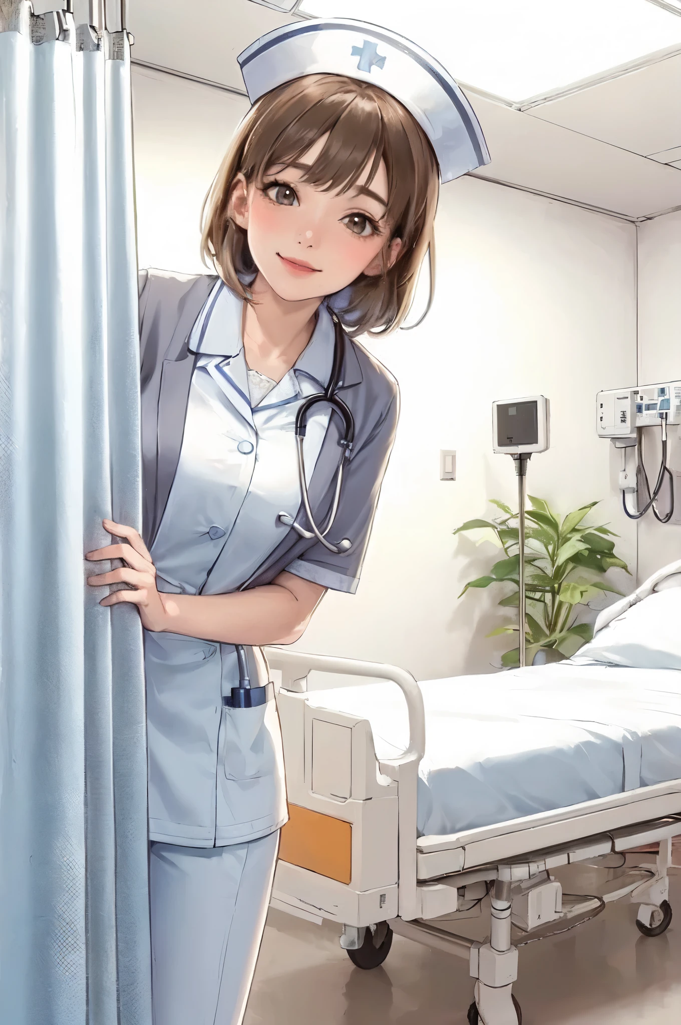 1lady solo, (looking down), (from below), (peeking out from behind partition curtain), healthcare worker, (nurse uniform), mature female, /(beige brown hair/) bangs, kind smile, (masterpiece best quality:1.2) delicate illustration ultra-detailed, large breasts, /(stethoscope around neck/) BREAK (hospital room) indoors, (bright white ceiling:1.2), (perspective from bed:1.2), detailed background