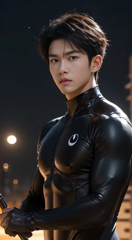 A asian boy like Cat Noir,19 years old, handsome, Full Body Shoot, Short Quiff hairstyle, (eyes contact), look at camera, detailed facial parts, Manly, with a muscular constitution :: high detail, is in black bodysuit, holding his weapon magical staff, moon background, surreal, fantasy, magical, intricate details, (dynamic upper body posture: 1.1), depth of field. Best quality, masterpiece, ultra high resolution, (anime realism, photorealistic: 1.4), perfect composition, centered, symmetry