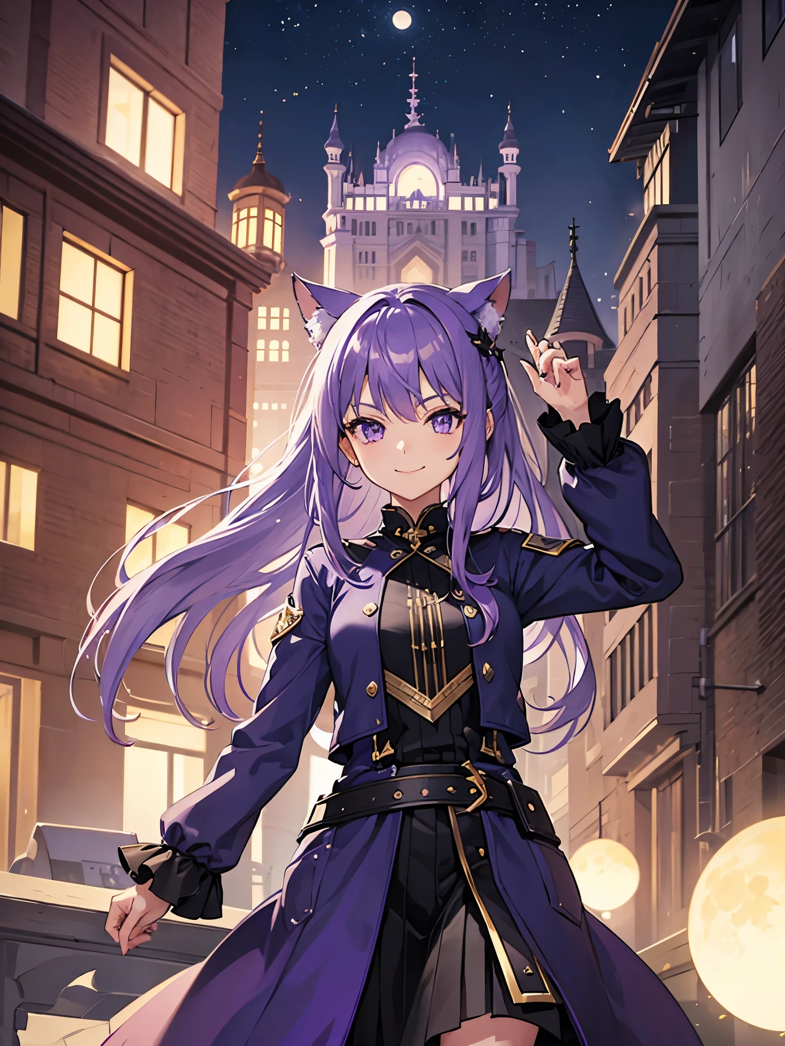 1 Girl, avatar,Purple Hair,Silver Eyes,Solitary,Smile, architecture,moon, night