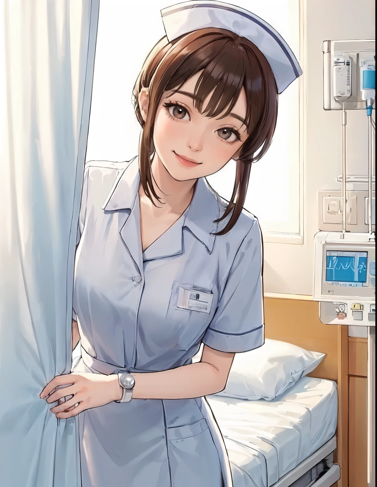 1lady solo, (looking down), (from below), (peeking out from behind partition curtain), healthcare worker, (nurse uniform), mature female, /(brown hair/) bangs, kind smile, (masterpiece best quality:1.2) delicate illustration ultra-detailed, large breasts BREAK (hospital room) indoors, (bright white ceiling:1.2), (perspective from bed:1.2), detailed background