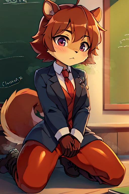 boy, squirrel, furry, bodyfur, blazer, bottomless, color tights, gloves, boots, kneeling, school, fart