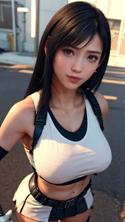 (Very delicate and beautiful:1.2)Supermodel, Perfect Shape, girl, Tifa, Knee socks, Beautiful legs,Gentle expression,Pampered look,Innocent face,mini skirt,Big Breasts,Beautiful breasts,Sensual,Bike Shorts,,masterpiece, highest quality, High resolution, 8k, , Sports Girls,Training wear,short hair, Messy Hair, blush, Sexy pose, Big Breasts, sweating,, sweating, Cityscape, Crisp details, Super Detail, Realistic skin texture, surface details, Beautiful eyes in every detail, Medium Full Shot, ,Flame Background,smile,Look at the audience, Big Breasts, Big Tits, whole body