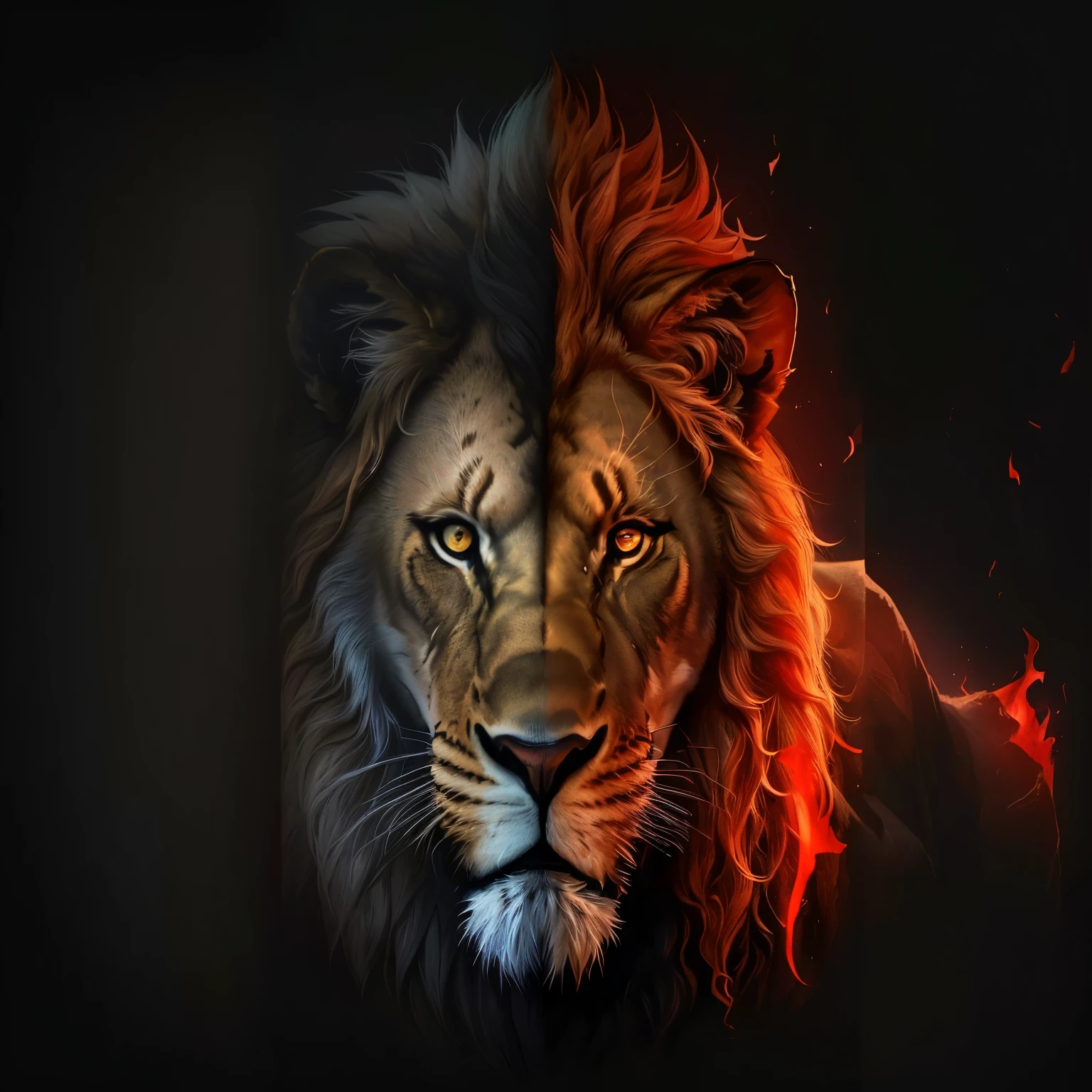a close-up of a lion with red eyes and a black background, fire Lion, half lion, juba de fogo e chamas, lion warrior, gelo e fogo, lions, high definition wallpaper, fogo e gelo, papel de parede hd, lion head, fierce expression 4k, papel de parede 4k, papel de parede 4k, por Adam Marczyński, Rei da floresta