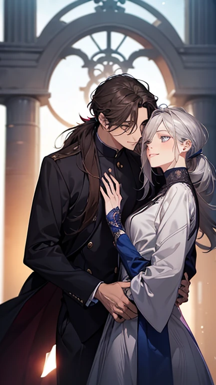 masterpiece, highest quality, 2 He, Couple, One man and one woman,mature, Adult, Height difference, Different Fashion, Different colors, Fine eyes and a fine face, Intricate details, coat,Dawn Sky,Snuggle up,smile, Happy, A man with a navy blue low ponytail,Men should wear a navy blue low ponytail,Silver long hair woman,The woman has her long silver hair down.,Dark blue eyed man, Woman with reddish brown eyes