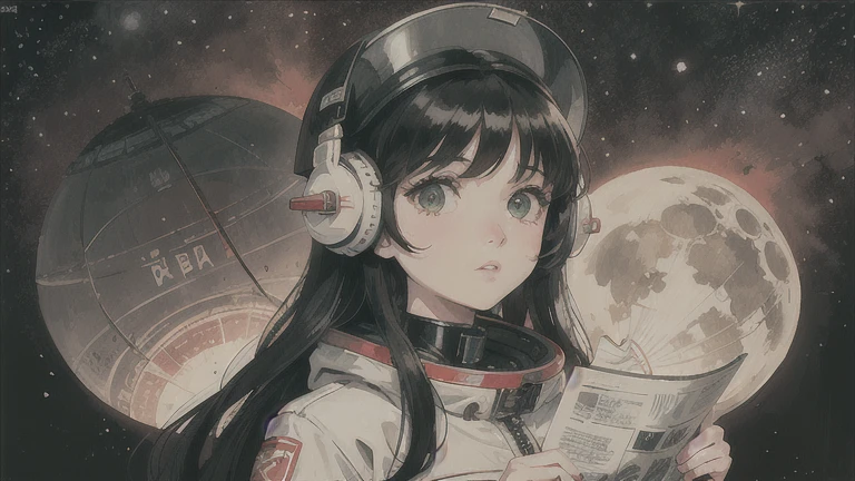1girl, Gorgeous green eyes and details, shiny hair, Black hair, hair between the eyes, straight, Centered in the middle of the screen, looking up flat, cccp poster, On a coffee-colored sheet, style old news, soviet poster, Adolescent, USSR style, In outer space, star sea, the letters CCCP in red on the top of the helmet, weightlessness, side light, reflection, reflected sunlight, space suit, spaceship, planet, moon, cockpit,