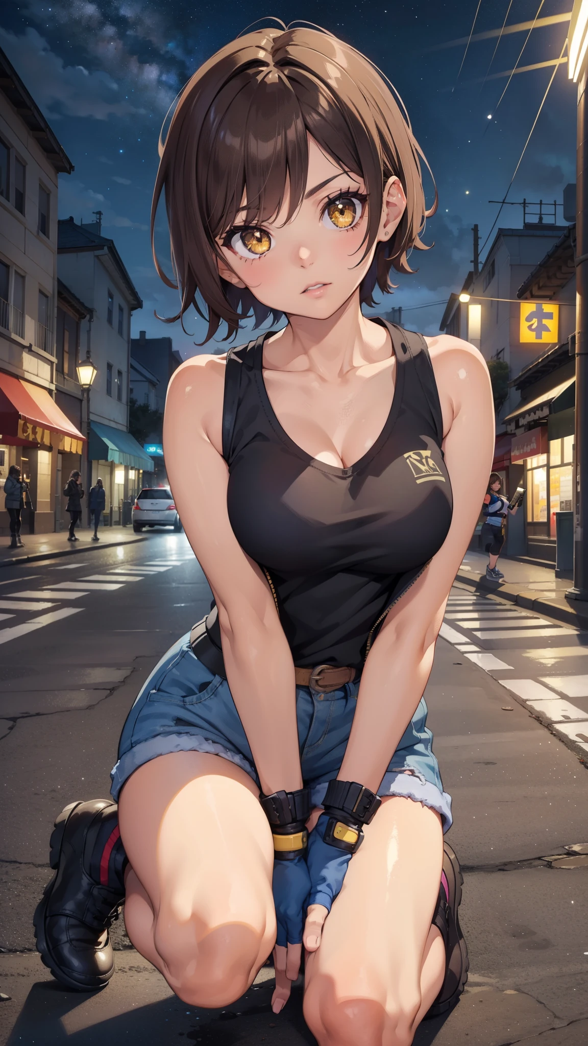 street dancer,  short hair, brown hair, yellow glowing eyes, perfect lips,  cute expression, cute face, cute pose, fingerless gloves, gun, tank top, jacket, cute pose, ultra detailed face, long eyelashes, sharp eyes , Fullbody shot, dinamic viewer, night sky, variuos adornment, Rocker girl 