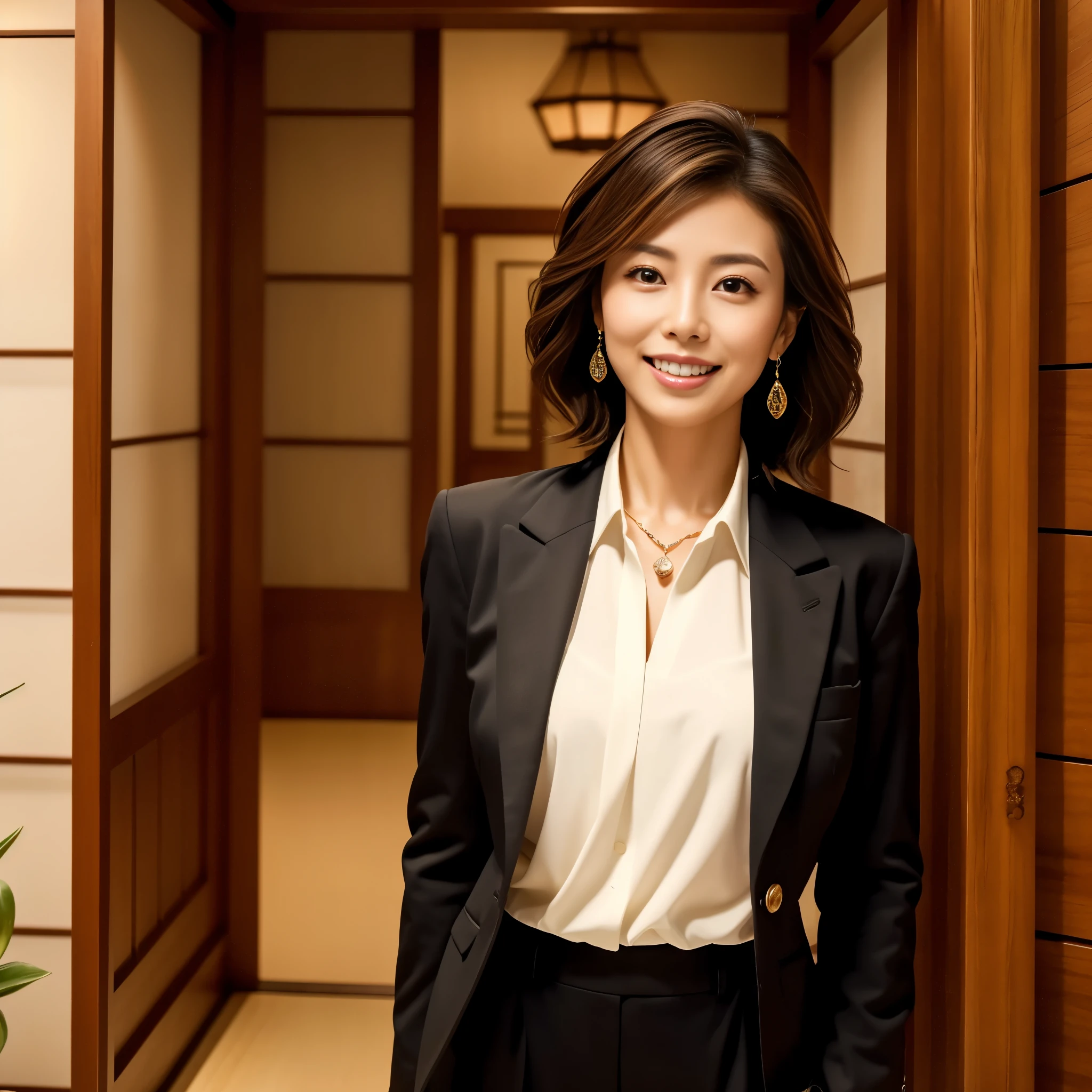 ((highest quality、table top、8K、best image quality))、1 female lawyer、she is standing at the entrance、elegant posture、short hair、straight hair、formal jacket、formal blouse、formal pants、Perfect lawyer badge on the chest、Accurately depicts a real lawyer badge、In the background, a person stands at the entrance of a high-class law firm..、Take a photo from the waist up、upper body photo、perfect law firm entrance、The entrance hall is decorated with wood grain tones.、Incorporate real stones and mirrors as accents、Japanese style and luxurious、chic and modern space、Set up a grid、Dig a part of the floor and lay gravel、Luxurious Japanese atmosphere、lighting embedded in the ceiling、warm and elegant lighting、perfect anatomy、Look at me with a big smile、large white teeth