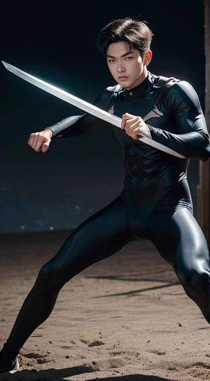 A asian boy like Cat Noir,19 years old, handsome, Full Body Shoot, Short Quiff hairstyle, (eyes contact), look at camera, detailed facial parts, Manly, with a muscular constitution :: high detail, is in black bodysuit, holding his weapon magical staff, in fighting stance, moon background, surreal, fantasy, magical, intricate details, (dynamic upper body posture: 1.1), depth of field. Best quality, masterpiece, ultra high resolution, (anime realism, photorealistic: 1.4), perfect composition, centered, symmetry