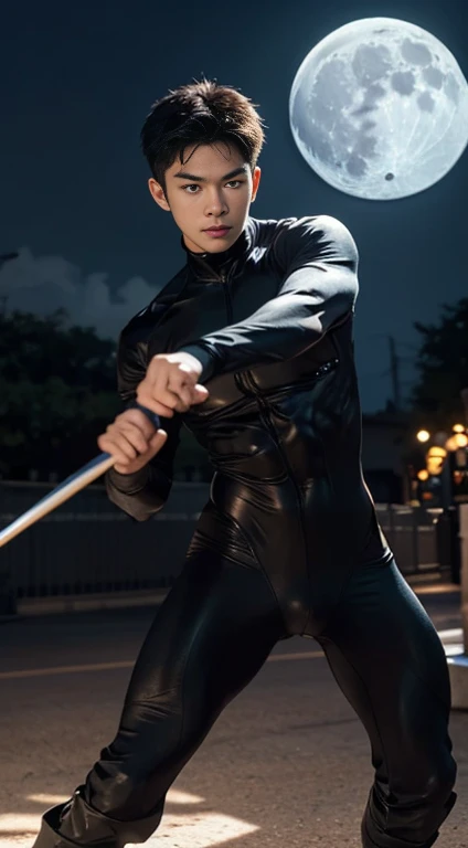 A asian boy like Cat Noir,19 years old, handsome, Full Body Shoot, Short Quiff hairstyle, (eyes contact), look at camera, detailed facial parts, Manly, with a muscular constitution :: high detail, is in black bodysuit, holding his weapon magical staff, in fighting stance, moon background, surreal, fantasy, magical, intricate details, (dynamic upper body posture: 1.1), depth of field. Best quality, masterpiece, ultra high resolution, (anime realism, photorealistic: 1.4), perfect composition, centered, symmetry