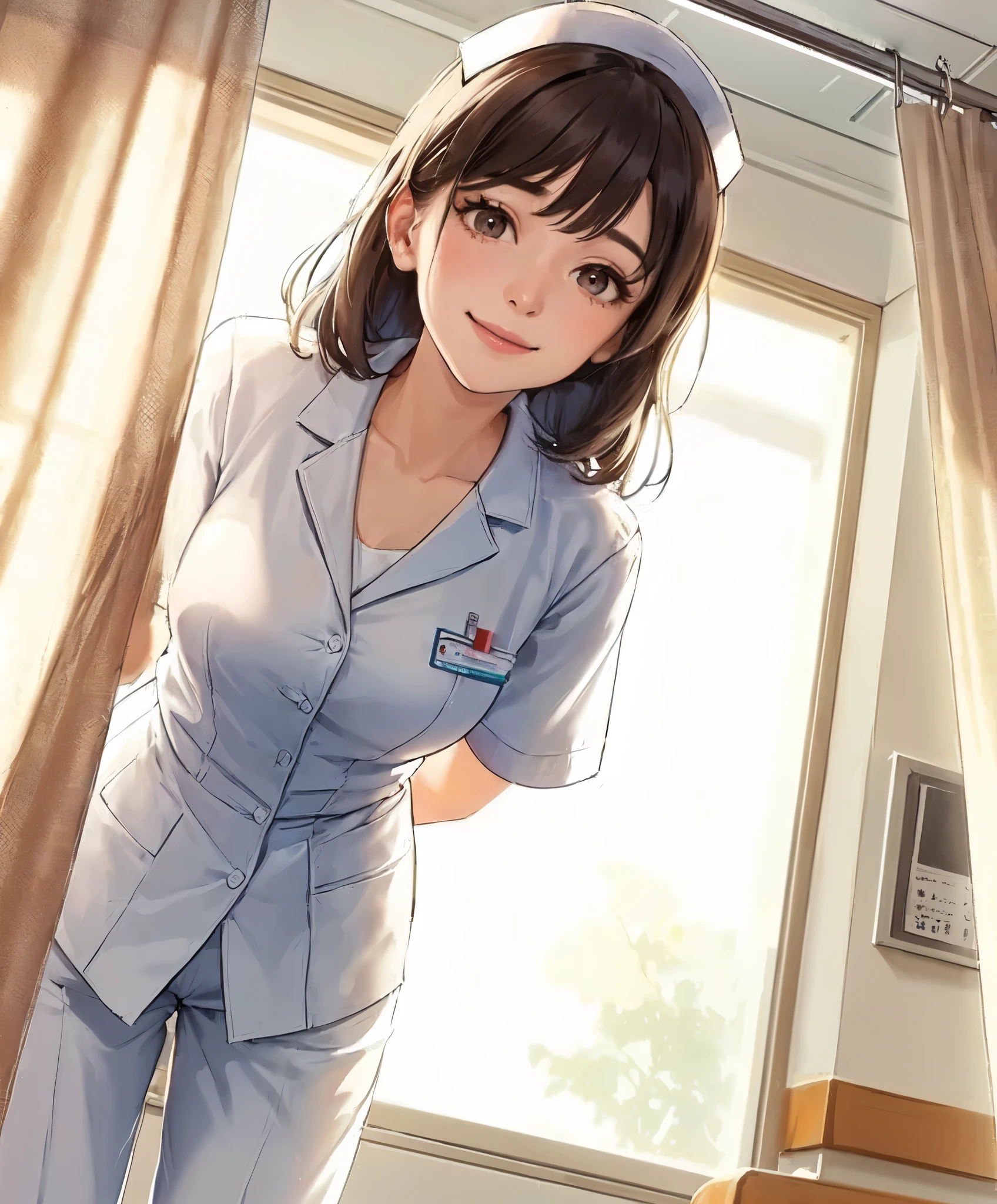 1lady solo, (looking down), (from below), (peeking out from behind partition curtain), healthcare worker, (nurse uniform), mature female, /(black hair/) bangs, kind smile, (masterpiece best quality:1.2) delicate illustration ultra-detailed, large breasts BREAK (hospital room) indoors, (bright white ceiling:1.2), (perspective from bed:1.2), detailed background