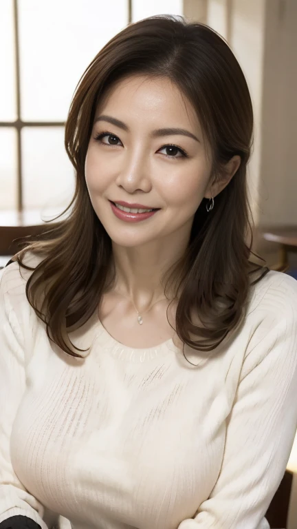 Mature attractive sexy woman,50 years old, Shut,((Big Breasts:1.2)),(Facial wrinkles:1.3),light makeup,Light brown hair,Long Hair,(Tabletop),8k, RAW Photos, highest quality, Laughter,masterpiece,highest quality、A gentle smile、A gaze that seduces viewers、Scrunchies in a ponytail、Inside the family restaurant、(Beige knitted sweater)、Sweaty skin、
