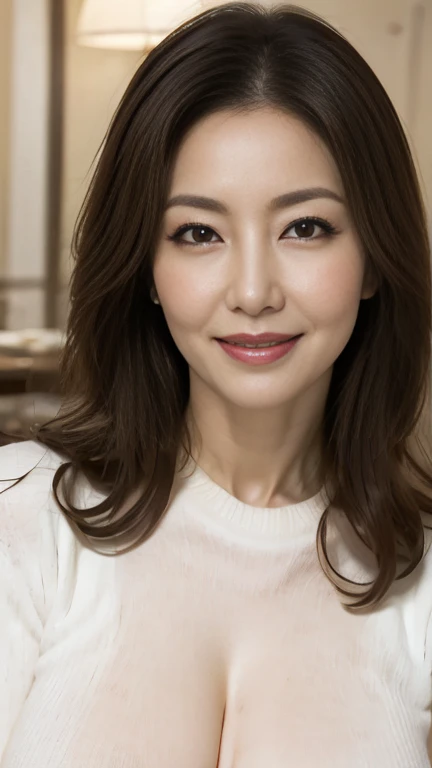 Mature attractive sexy woman,50 years old, Shut,((Big Breasts:1.2)),(Facial wrinkles:1.3),light makeup,Light brown hair,Long Hair,(Tabletop),8k, RAW Photos, highest quality, Laughter,masterpiece,highest quality、A gentle smile、A gaze that seduces viewers、Scrunchies in a ponytail、Inside the family restaurant、(Beige knitted sweater)、Sweaty skin、