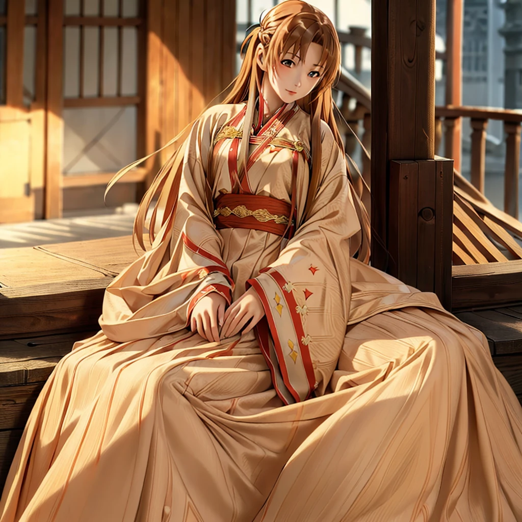 ((highest quality)), ((masterpiece)), (detailed), Perfect Face、Yuuki Asuna、Brown Hair、Hanfu、cuddling with a man