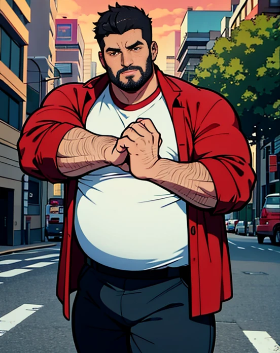 1 chubby man with extremely thick thighs , Careca, obeso, homem de meia idade, camisa branca aberta mostrando a barriga e peitoral usando apenas sunga vermelha e meias, parado na rua, looking at the sky, noite em uma cidade cyberpunk , dim street lamp, talking to the viewer gesturing with his hands, dialogando, discutindo. He's calling the viewer, he is delivering something, he is gesturing for you to come closer to him. Gargalhando, zangado, triste, muito feliz, deprimido. ((Varied color hair, fios do cabelo branco ou vermelho ou verde ou cinza ou azul ou laranja ou amarelo))