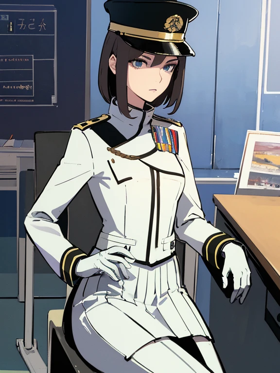 superflat, flat shading, flat colors, (masterpiece:1.2, best quality), (closeup), 2women, teen, slim, (white military outfit), pleated skirt, military hat, space cadet, sitting by desk, in classroom, put head on hand, bored, classmates in background, (spaceship interiors), futuristic, cosmos, watercolor