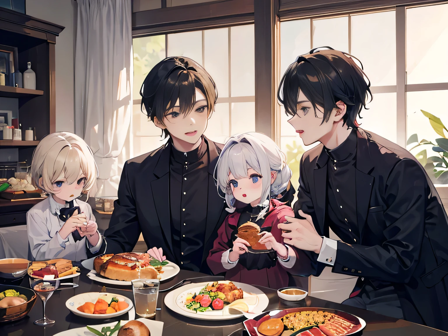The family was eating,Two boys and one is the mother,Two young sons