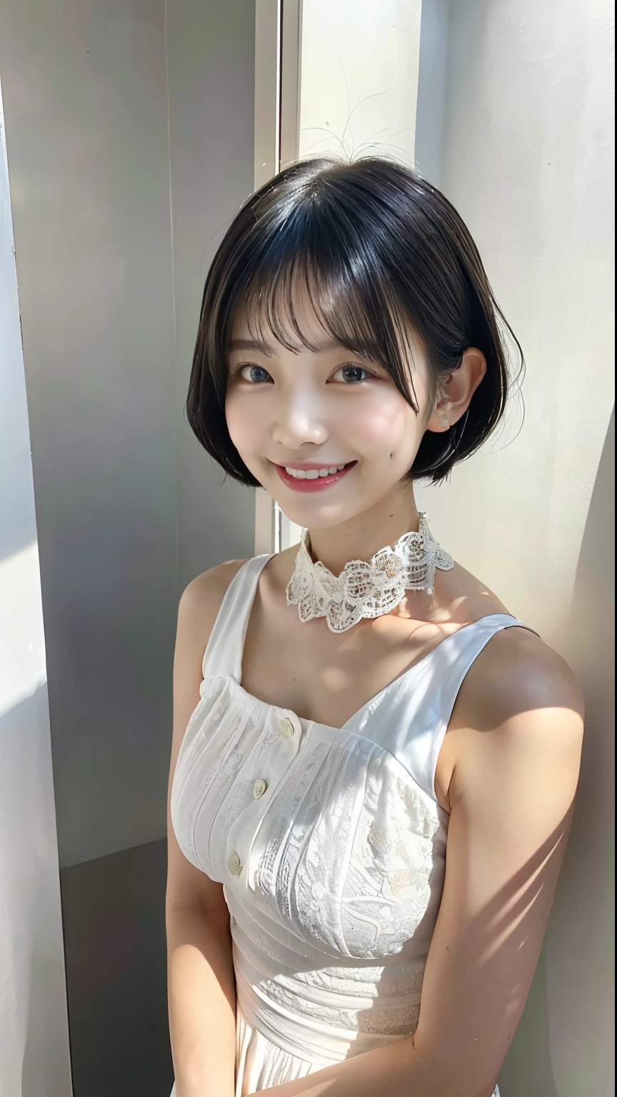 (highest quality、32k、masterpiece、Ticker:1.2)、One woman、((Beautiful Japanese Women))、(Beautiful girl)、Narrow waist、A white dress with a large lace collar、((Short Hair))、20-year-old、A white room bathed in the morning sun、(Cute pose:1.2)、(smile:1.5)、