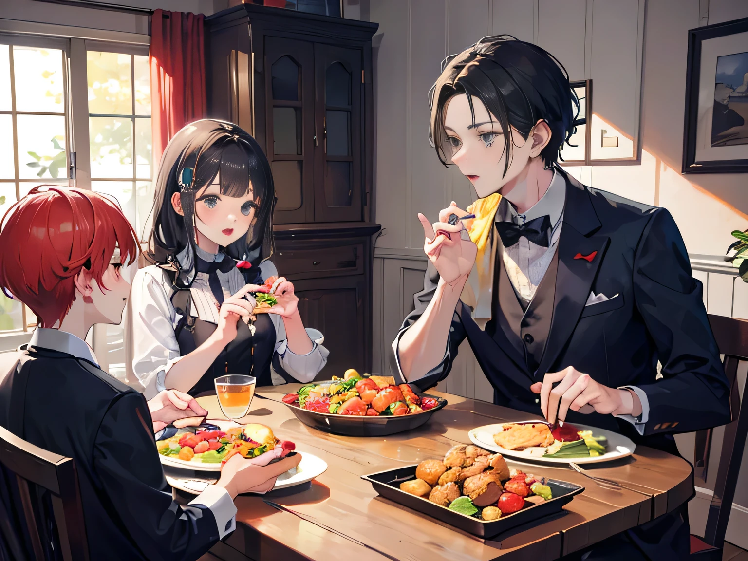 The family was eating，Two boys and one is the mother，Two young sons