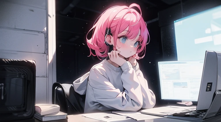 A woman with pink middle-aged hair and blue eyes studying with white headphones Night time wearing a grey sweatshirt