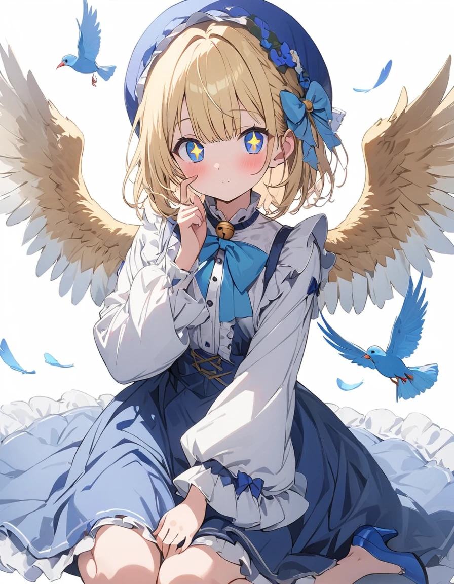 One girl, Blonde, White Background, Have, dress, Blue footwear, wing, Simple Background, sign, flower, Wide sleeves, Long sleeve, blush, animal, white flower, alone, whole body, bird, View your viewers, High heels, Put your hand on your cheek, put your hand on your face, Frills, bow, bangs, ribbon, Bell, Blue hat, +_+, shoes下, short hair, Grey Eyes, shoes, feathered wing, blue bow、(highest quality、masterpiece、High resolution、detailed)、animeスタイル、Flat Style、(Beautiful Eyes, Delicate and beautiful face), BREAK,extremely detailed、anime