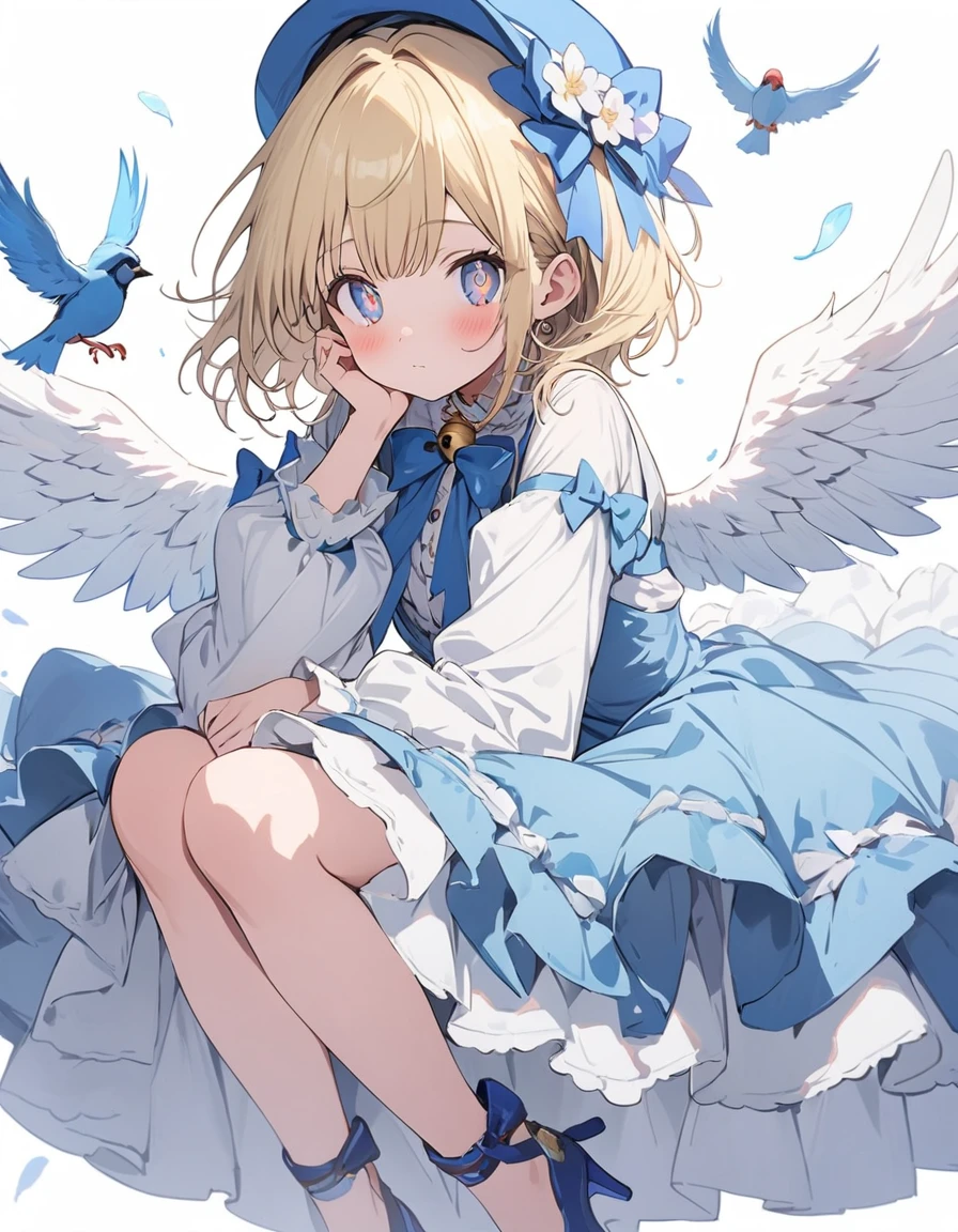 One girl, Blonde, White Background, Have, dress, Blue footwear, wing, Simple Background, sign, flower, Wide sleeves, Long sleeve, blush, animal, white flower, alone, whole body, bird, View your viewers, High heels, Put your hand on your cheek, put your hand on your face, Frills, bow, bangs, ribbon, Bell, Blue hat, +_+, shoes下, short hair, Grey Eyes, shoes, feathered wing, blue bow、(highest quality、masterpiece、High resolution、detailed)、animeスタイル、Flat Style、(Beautiful Eyes, Delicate and beautiful face),  BREAK,extremely detailed、anime