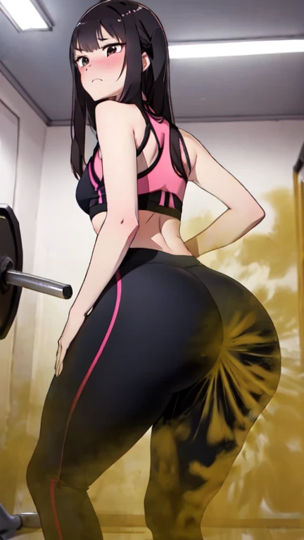 2 Asian girls farting in front of other girl, desperate to poop, in gym, farting while working out, turns back to look at butt wearing yoga pants and exercise clothes, malaysian chinese girl, tomboy, stomach bloated, hands covering butt, pained expression, shocked and embarrassed, mouth open in shock, blushing, beautiful and cute face, anime art style, fit body, tall and thin, view from side, diarrhea